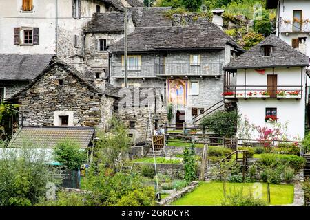 Charming old town Lavertezzo in alpine Verzasca valley, Canton of Ticino, Switzerland. Stock Photo