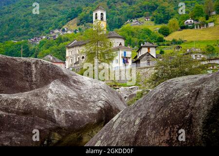 Charming old town Lavertezzo in alpine Verzasca valley, Canton of Ticino, Switzerland. Stock Photo