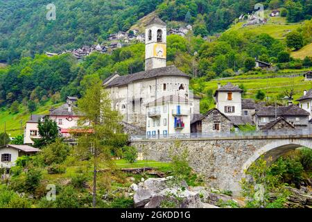 Charming old town Lavertezzo in alpine Verzasca valley, Canton of Ticino, Switzerland. Stock Photo