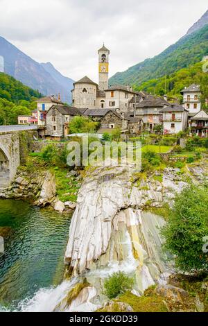 Charming old town Lavertezzo in alpine Verzasca valley, Canton of Ticino, Switzerland. Stock Photo