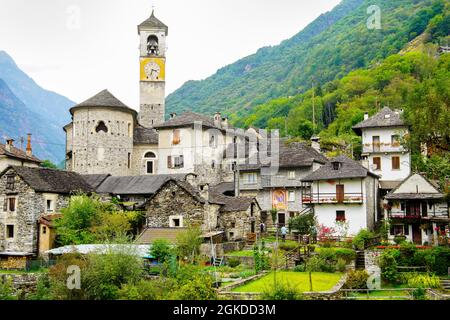 Charming old town Lavertezzo in alpine Verzasca valley, Canton of Ticino, Switzerland. Stock Photo