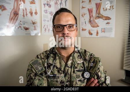 SANTA RITA, Guam (March 19, 2021) Chief Hospital Corpsman Cody Werven,  assigned to Commander, Submarine Squadron 15 (CSS-15), from Cavalier, North  Dakota, poses for a portrait in the examination room at Konetzni