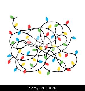 Tangled christmas lights bulbs isolated on white Stock Vector