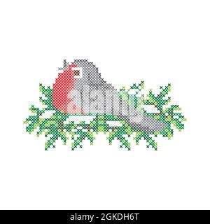 Embroidery pattern, cross stitch ornament. Bullfinch bird on fir tree, vector. Stock Vector