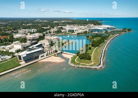 Aerial view of Northwestern University and Lake Michigan with foreground beach and walking path. Stock Photo