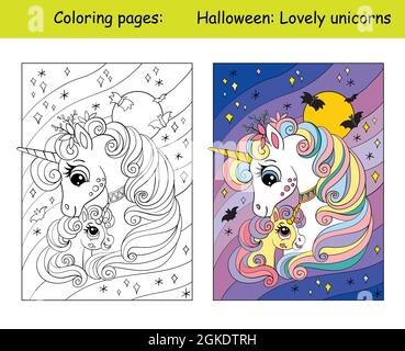 Cute mom and kid unicorns. Halloween concept. Coloring book page for children with colorful template. Vector cartoon illustration. For education, prin Stock Vector