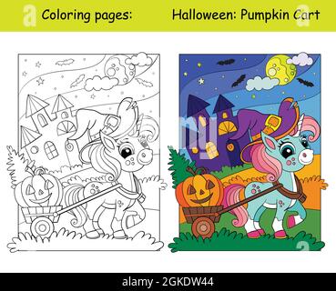 Cute unicorn driving Halloween pumpkin in a cart. Halloween concept. Coloring book page for children with colorful template. Vector cartoon illustrati Stock Vector