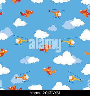 Cartoon airplanes and helicopters pattern. Kids stuff. Children's style drawing. Stock Vector