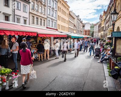 Street Market, Prague, Czech Republic. A busy market scene in the crowded streets of the Old Town district of central Prague. Stock Photo