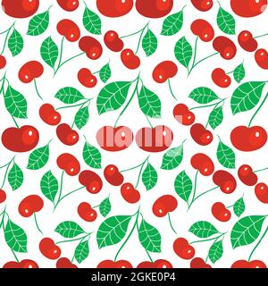 Seamless pattern ripe cherries on a branch with a leaf. Design for fabric, textile, wrapping paper, wallpaper, background Stock Vector