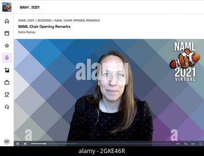 210325-N-N1809-001 San Diego, CA (March 25, 2021) Dr. Katie Rainey, Naval Applications for Machine Learning (NAML) general chair and Naval Information Warfare Center (NIWC) Pacific scientist, gives opening remarks during the NAML virtual workshop. More than 1,200 attendees gathered online March 23–25 for the NAML workshop hosted by NIWC Pacific and the San Diego chapter of AFCEA International. Stock Photo