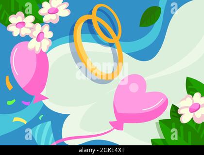 Wedding banner with rings and balloons. Placard design in cartoon style. Stock Vector