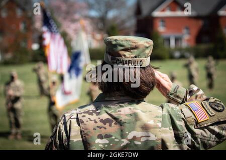 Brig. Gen. (Retired) Marilyn Chiafullo salutes the national colors during a ceremony where she relinquished command of the United States Army Reserve Legal Command to Brig. Gen. William Dyer on Friday, March 26.  Chiafullo led the USARLC since April, 2019, enhancing integration with fellow Reserve and Active service components while maintaining the unit’s readiness during the COVID-19 pandemic. Stock Photo