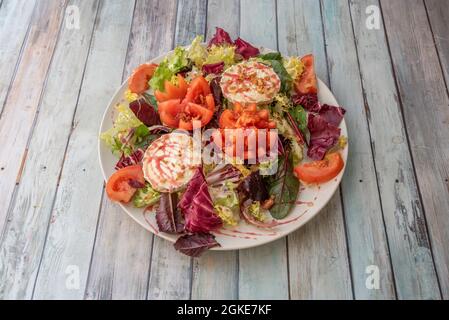 large goat cheese salad with sprouts of assorted vegetables, chopped tomato and dressing with modena vinegar on a white plate Stock Photo