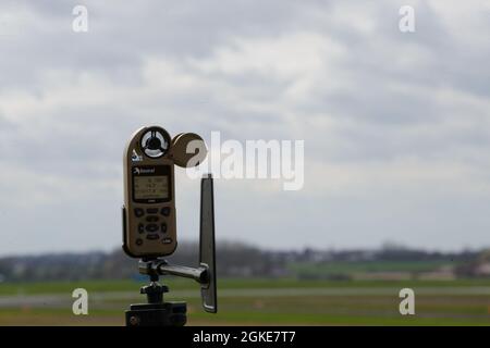 An anemometer of the 424th Air Base Squadron indicates a wind speed of 14.7 knots, on Chièvres Air Base, Belgium, March 26, 2021. Wind speed was measured to grant or refuse landing zone operations.