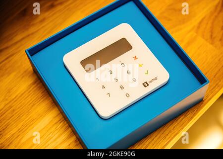 Hero object of new SumUp EMV card reader which can read magnetic strip, chip and RFID NFC contactless payment cards Stock Photo