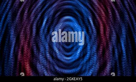 Abstract blue and red shiny particles forming rings and effect of deep tunnel. Motion. Colorful dots forming circles on black background Stock Photo