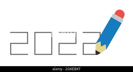New year vector concept, writing 2022 with pencil. Flat colored style. Stock Vector