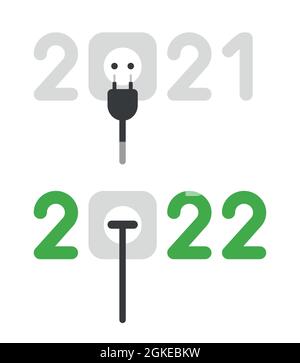New year vector concept, unplugged 2021 and plug in 2022. Flat colored style. Stock Vector