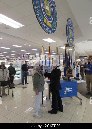 NEX Annapolis, Maryland, honored Vietnam War Veterans with a lapel pin on March 29, National Vietnam War Veterans Day. The Navy Exchange Service Command (NEXCOM) is comprised of 14,000 personnel worldwide facilitating six business lines, NEX retail stores, the Navy Lodge Program, Telecommunications Program, Navy Clothing and Textile Research Facility, Ships Store Program and the Uniform Program Management Office. Stock Photo