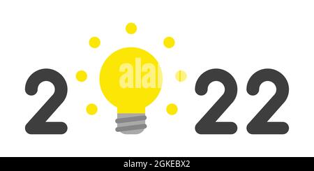 New year 2022 vector concept, glowing light bulb idea instead of zero. Flat colored style. Stock Vector