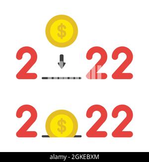 New year 2022 vector concept, dollar coin and save money. Flat colored style. Stock Vector