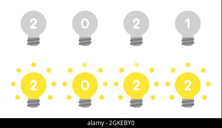 New year 2022 vector concept, grey 2021 light bulbs and glowing 2022 light bulbs. Flat colored style. Stock Vector