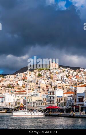 Harbour, city view from the coast, in the back Anastasi church, Ermoupoli, Ano Syros, Syros, Cyclades, Greece Stock Photo