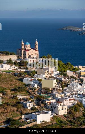 View from Ano Syros to the houses of Ermoupoli with the Anastasi Church or Church of the Resurrection, evening light, view over the sea with the Stock Photo