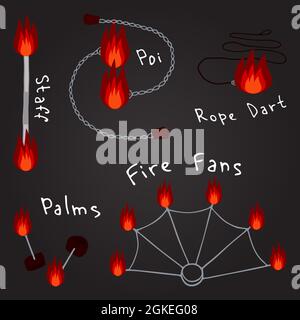 Hand drawn design set. Fire show instrument. Stock Vector