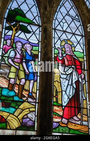 The stained glass window in All Saints Church (known as the Ramblers Church), Walesby, Lincolnshire Stock Photo