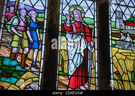 The stained glass window in All Saints Church (known as the Ramblers Church), Walesby, Lincolnshire Stock Photo