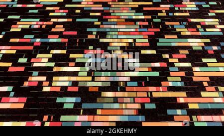 Abstract colorful different segments flowing on black background, seamless loop. Animation. Colorful lines resembling a simple video game interface Stock Photo