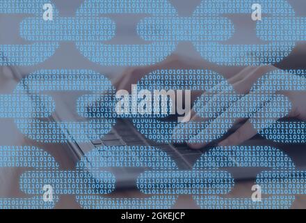 Unrecognizable millennial european woman hands typing on laptop, double exposure with binary code Stock Photo