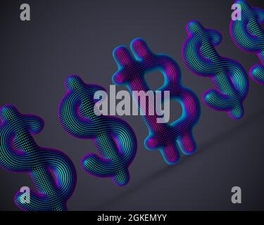 Bitcoin crypto currency 3D icon in a row with US Dollar signs Stock Vector