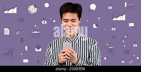 Portrait of young Asian guy using smartphone on violet background with business and money related icons, collage Stock Photo