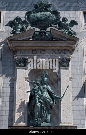 West front of the Residenz with angels Mary figure and baby Jesus, Munich, Upper Bavaria, Bavaria, Germany Stock Photo