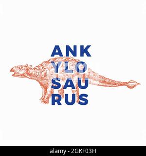 Prehistoric Dinosaur Abstract Sign, Symbol or Logo Template. Hand Drawn Ankylosaurus Reptile with Modern Typography Label. Stylish Vector T-shirt Stock Vector