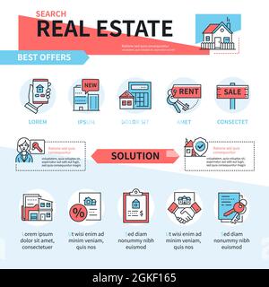 Real estate - vector line design style modern banner. Blue-red color scheme poster with copy space for text. Searching for housing and commercial spac Stock Vector