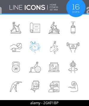 Home fitness - modern line design style icon set. Gym isn't the only place to exercise and get in shape. In the apartment you can do simple exercises Stock Vector