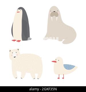 Ocean sea creatures and animals set walrus, penguin, polar bear, seagull cartoon vector Illustrations. Stock Vector