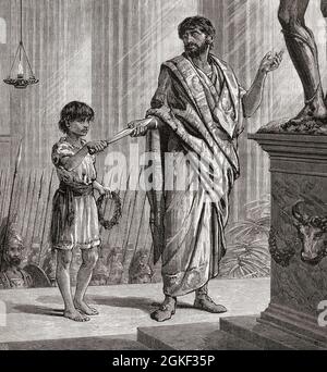 The child Hannibal Barca, 247 - circa 183 BC swears to his father, Hamilcar Barca, circa 275 - 228 BC, that he will never be a friend of Rome.  From Cassell's Illustrated Universal History, published 1883. Stock Photo