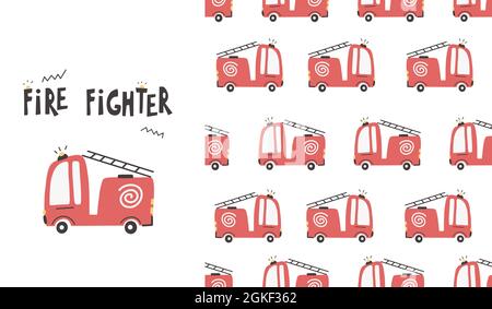 Cute fire truck cars seamless pattern. Vector baby illustration in scandinavian simple hand-drawn style digital paper Stock Vector