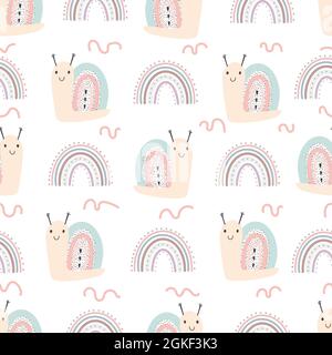Hand drawn illustration and seamless pattern with cute snails and rainbow. Vector baby illustration in scandinavian simple hand drawn style digital pa Stock Vector