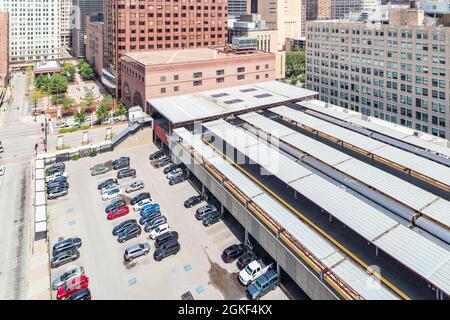 An overhead view of LaSalle Street Station in downtown Chicago. The Chicago Stock Exchange is also attached to the station. Stock Photo