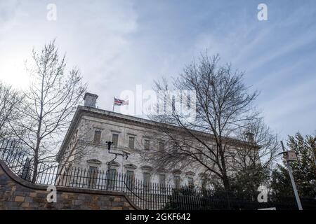 Taksim, Istanbul, Turkey - 03.20.2021: wide angle view of British Consulate General Istanbul building wall and in a bright air under blue sky from low Stock Photo