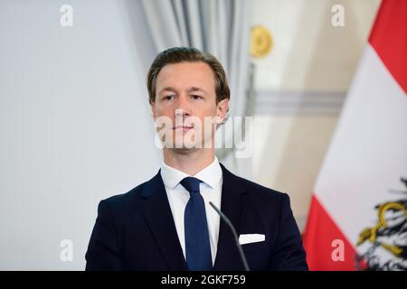 Vienna, Austria. 14th Sep, 2021. Public media meeting of the Federal Government in the Federal Chancellery with Finance Minister Gernot Blümel (ÖVP) on the current situation on the job market and business location. Stock Photo