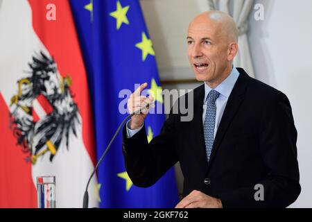 Vienna, Austria. 14th Sep, 2021. Public media meeting of the Federal Government in the Federal Chancellery with Labor Minister Martin Kocher (ÖVP) on the current situation on the labor market and business location. Stock Photo