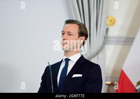 Vienna, Austria. 14th Sep, 2021. Public media meeting of the Federal Government in the Federal Chancellery with Finance Minister Gernot Blümel (ÖVP) on the current situation on the job market and business location. Stock Photo