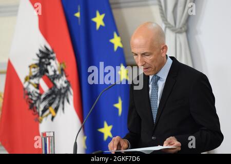 Vienna, Austria. 14th Sep, 2021. Public media meeting of the Federal Government in the Federal Chancellery with Labor Minister Martin Kocher (ÖVP) on the current situation on the labor market and business location. Stock Photo